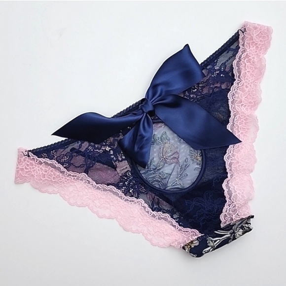 Victoria's Secret Dream Angels Cheekini Tanga Pink Blue Lace Floral Panty Sz L - Picture 1 of 15